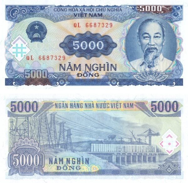 Vietnam 5000 Dong 1991 P-108 UNC Banknote – Obverse and Reverse