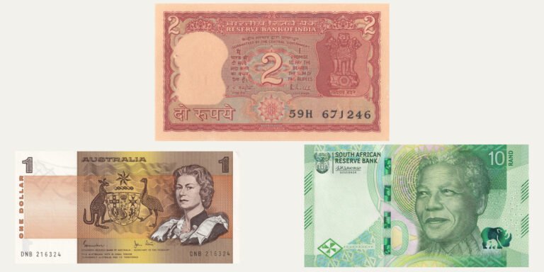 Obverse scans of banknotes from India, Australia and South Africa