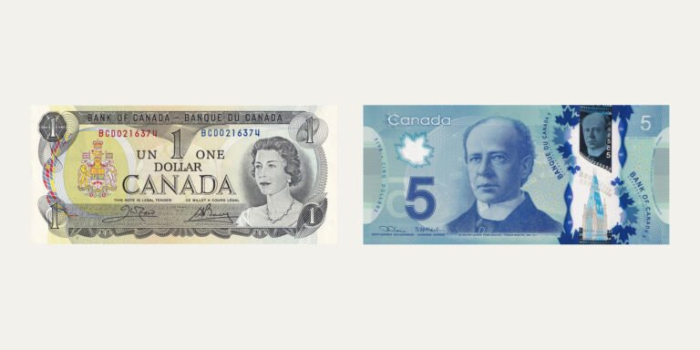 Canada 1 dollar 1973 paper banknote and 5 dollars 2013 polymer banknote shown side by side