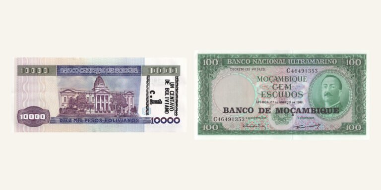 Bolivian 10,000-peso reverse with a one-centavo overprint beside a 100-escudo front bearing the added Banco de Moçambique name.