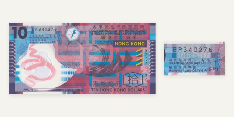 A 2007 Hong Kong ten-dollar banknote beside an enlarged crop of its horizontal serial number.