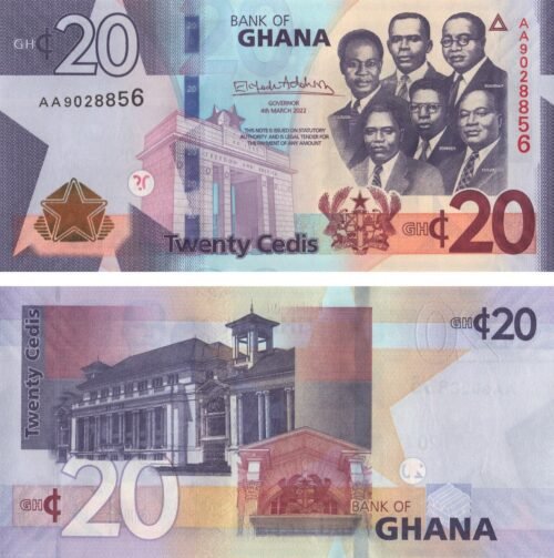 ghana-20-cedis-2022-p-48-unc-obverse-reverse Ghana 20 Cedis 2022 P-48 UNC Banknote – Obverse and Reverse
