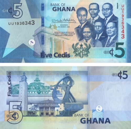 ghana-5-cedis-2022-p-46-unc-obverse-reverse Ghana 5 Cedis 2022 P-46 UNC Banknote – Obverse and Reverse