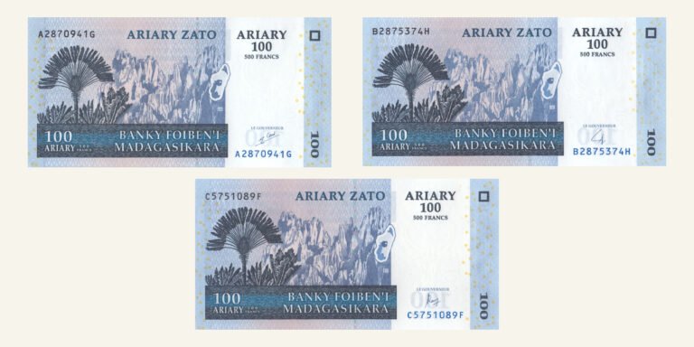 Three Madagascar 100-ariary banknotes with the same design and different governor signatures, arranged without overlap.