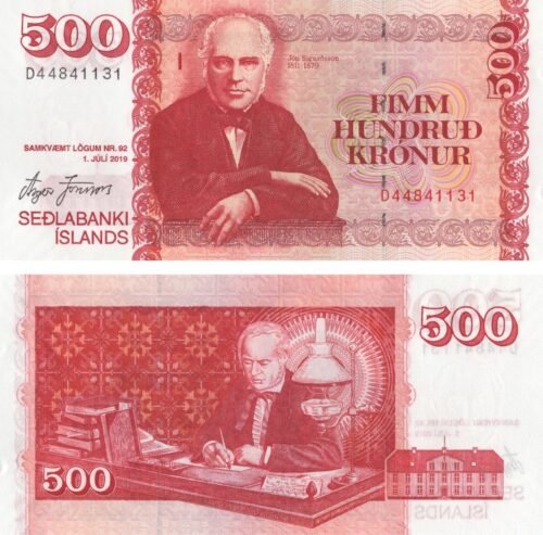 iceland-500-kronur-2019-p-58-unc-obverse-reverse Iceland 500 Kronur 2019 P-58 UNC Banknote – Obverse and Reverse