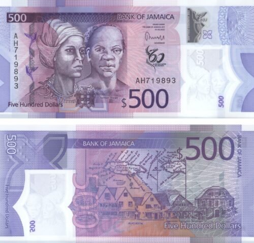 Jamaica 500 Dollars 2023 P-98 UNC Banknote &ndash; Obverse and Reverse