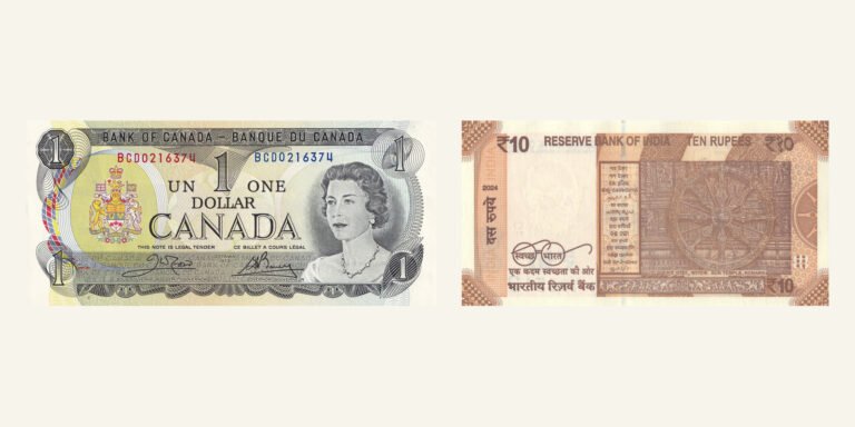 English and French wording on a Canadian one-dollar note beside the multilingual denomination panel on an Indian ten-rupee note.