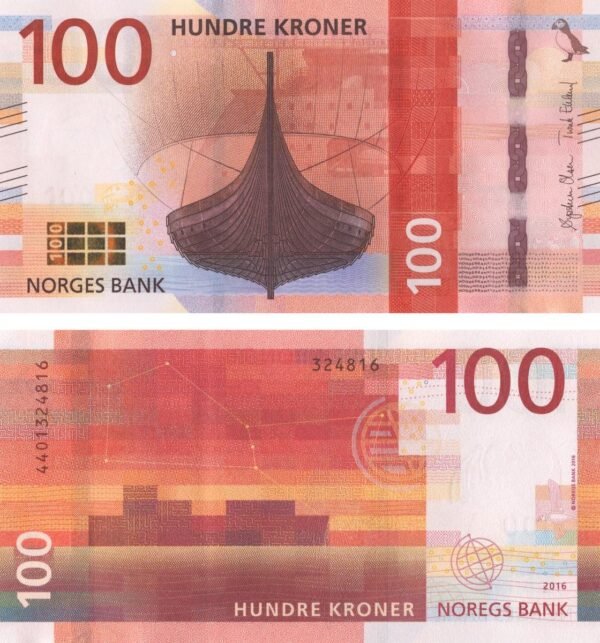 norway-100-kroner-2016-p-54-unc-obverse-reverse Norway 100 Kroner 2016 P-54 UNC Banknote – Obverse and Reverse