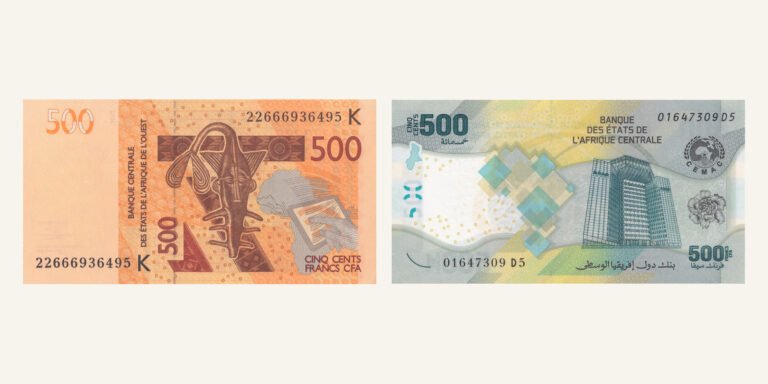 Two 500 CFA franc banknotes side by side, bearing the names Banque Centrale des États de l’Afrique de l’Ouest and Banque des États de l’Afrique Centrale.