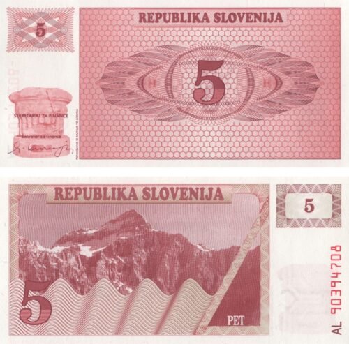 Slovenia 5 Tolarjev 1990 P-3 UNC Banknote &ndash; Obverse and Reverse