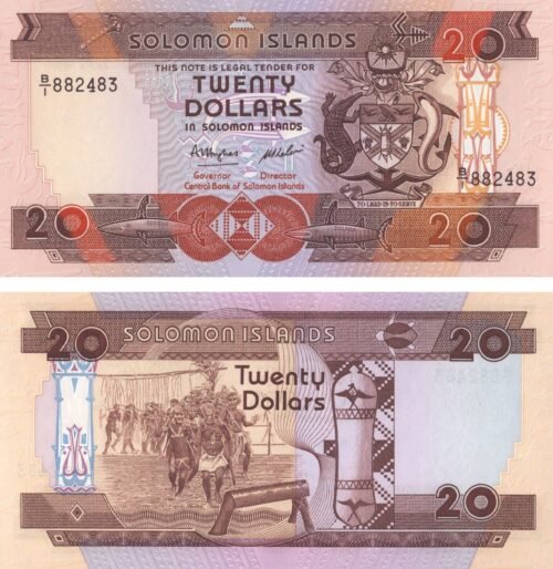Solomon Islands 20 Dollars 1986 P-16 UNC Banknote &ndash; Obverse and Reverse