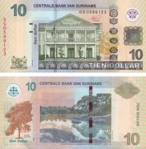 suriname-10-dollars-2020-p-163-unc-obverse-reverse Suriname 10 Dollars 2020 P-163 UNC Banknote – Obverse and Reverse