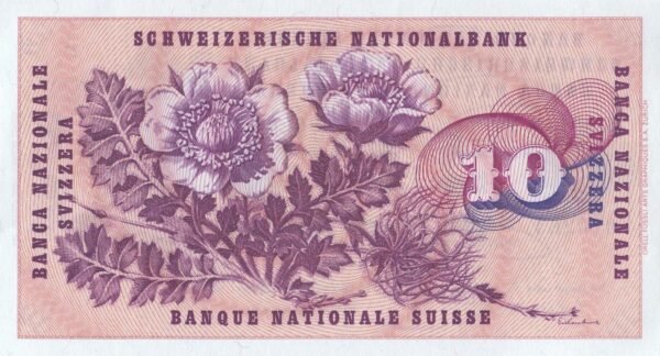 Switzerland 10 Francs 1972 P-45r(1) UNC Banknote – Reverse