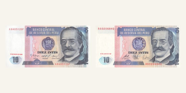 Obverses of Peru’s 10 intis banknotes dated 1986 and 1987, side by side, with similar blue title panels and different renderings of Ricardo Palma’s portrait.